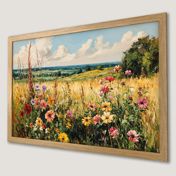 Framed Poster of a vibrant wildflower field painting. Impressionistic style with warm yellow, green, and pink hues.