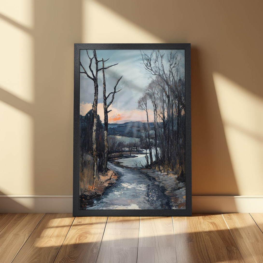 Framed Poster featuring a landscape painting. Impressionistic style with cool blues, grays, and warm orange hues. Perfect wall art for your home!