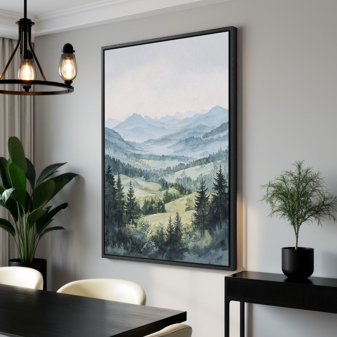 Framed Wall Art: Watercolor mountain landscape in blue and green hues. Add tranquility to your home with this stunning Canvas Print!