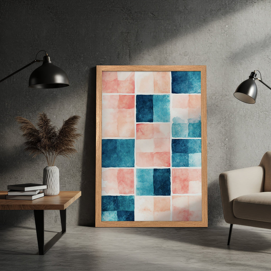 Framed Poster featuring watercolor squares in blue and peach tones, perfect for modern home decor. Add art to your walls!