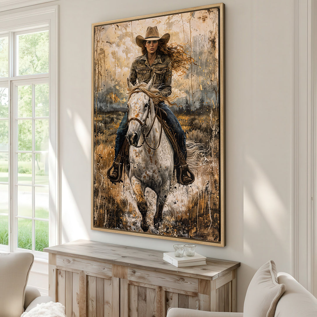 Framed Wall Art: Cowgirl on a white horse, abstract style with a warm, earthy color palette. Perfect for rustic decor.