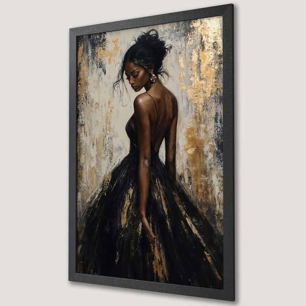 Framed Poster featuring a woman in a black dress, abstract art style with gold, black, and beige color palette. Perfect wall decor!