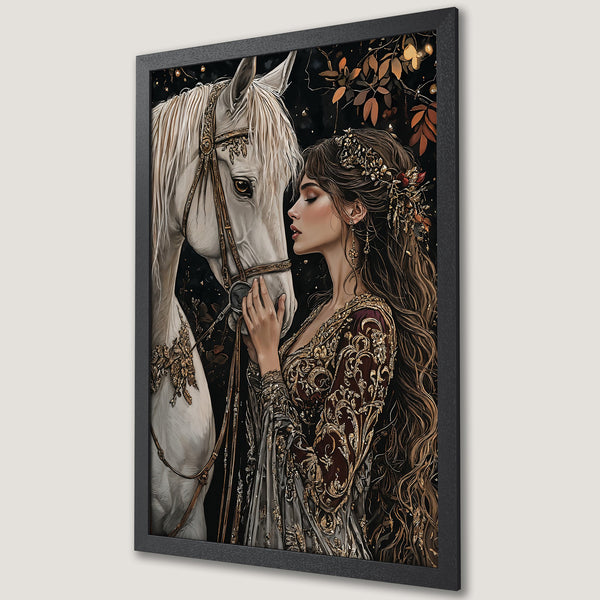 Framed Poster featuring a woman with a raven, oil painting style, rich red and black color palette. Add a touch of gothic elegance to your space!