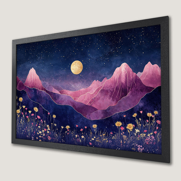 Framed Poster featuring a stylized mountain landscape, starry night sky, and wildflowers in a purple, pink, and gold color palette.