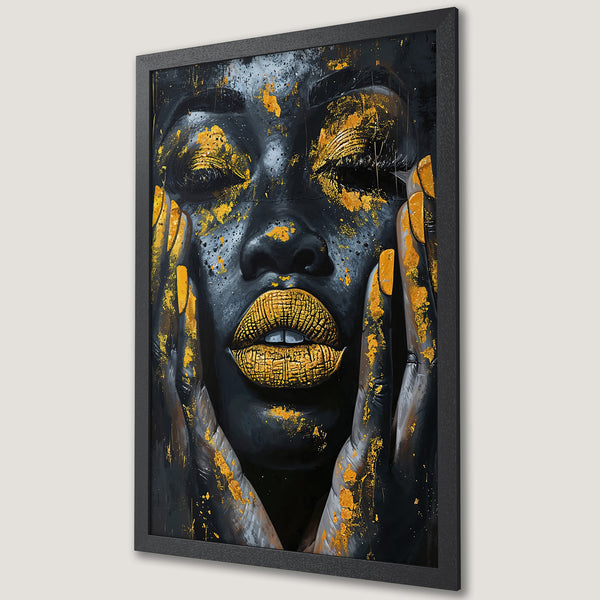 Framed Poster featuring a woman's face in abstract style with black, gold, and gray color palette. Modern art for your home!