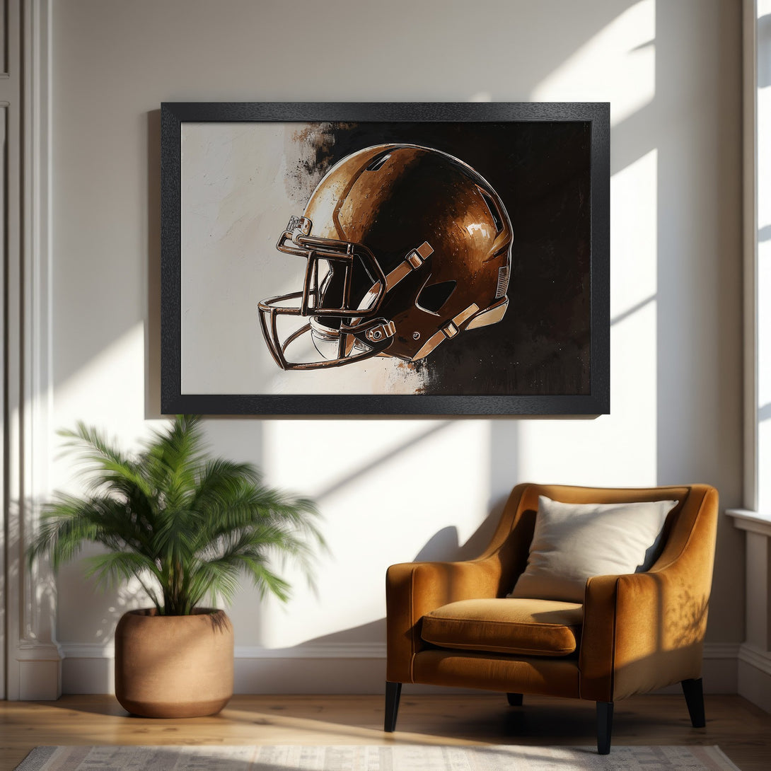 Framed Poster featuring a football helmet art print in a modern style with a brown and black color palette. Perfect for home decor!