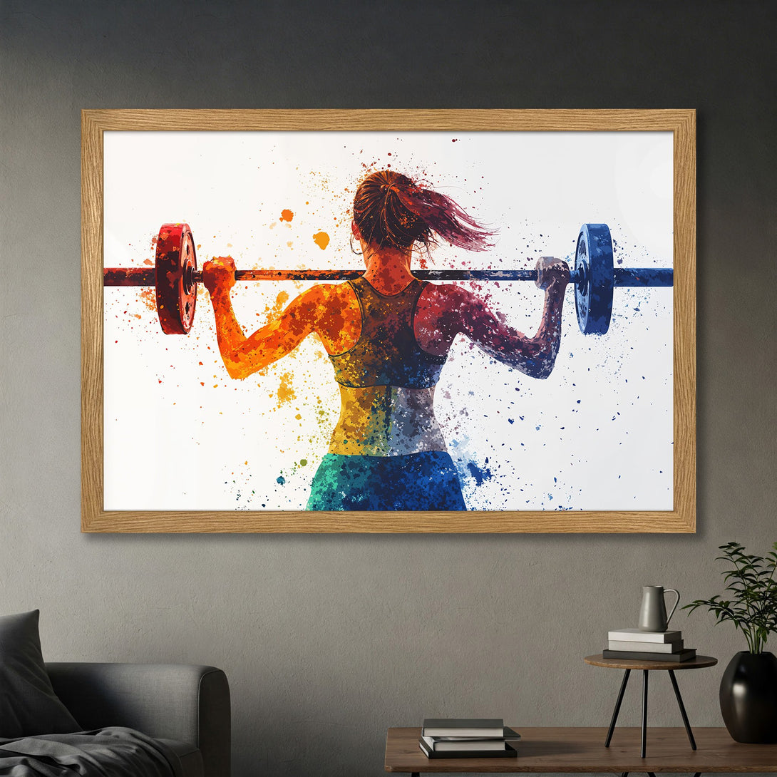 Framed Poster of a woman lifting weights in a vibrant watercolor style. Features a colorful, dynamic palette. Perfect for gym decor!