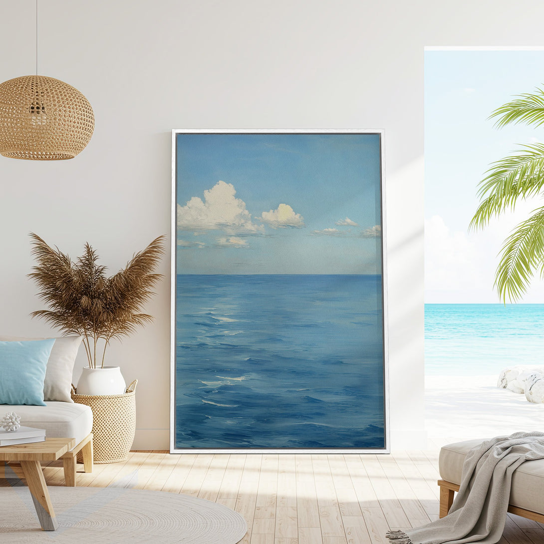 Framed Wall Art of serene ocean scene in blue hues. Coastal style canvas print adds a calming touch to any room. Shop now!