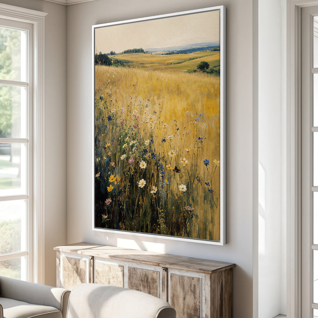 Framed Wall Art featuring a vibrant meadow landscape painting in a warm, earthy color palette. Perfect for adding a touch of nature to your home decor.