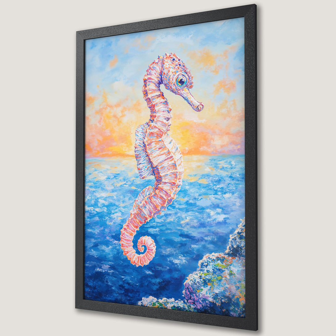Framed Poster of a colorful seahorse painting, impressionistic style with blue, orange, and coral tones. Add coastal charm to your space!