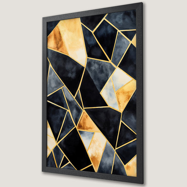 Framed Poster featuring a geometric abstract design in navy, gold, and beige. Modern art print for home decor.
