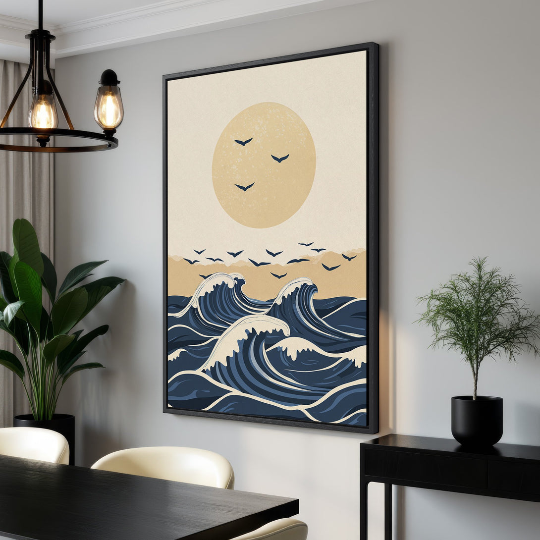 Framed Wall Art featuring a serene ocean wave design in a minimalist style. The Canvas Print showcases a calming blue, beige, and tan color palette, perfect for any interior.