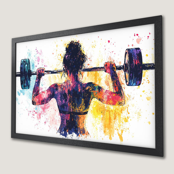 Framed Poster of a woman lifting weights, watercolor style with vibrant, colorful splashes. Perfect for gym decor!