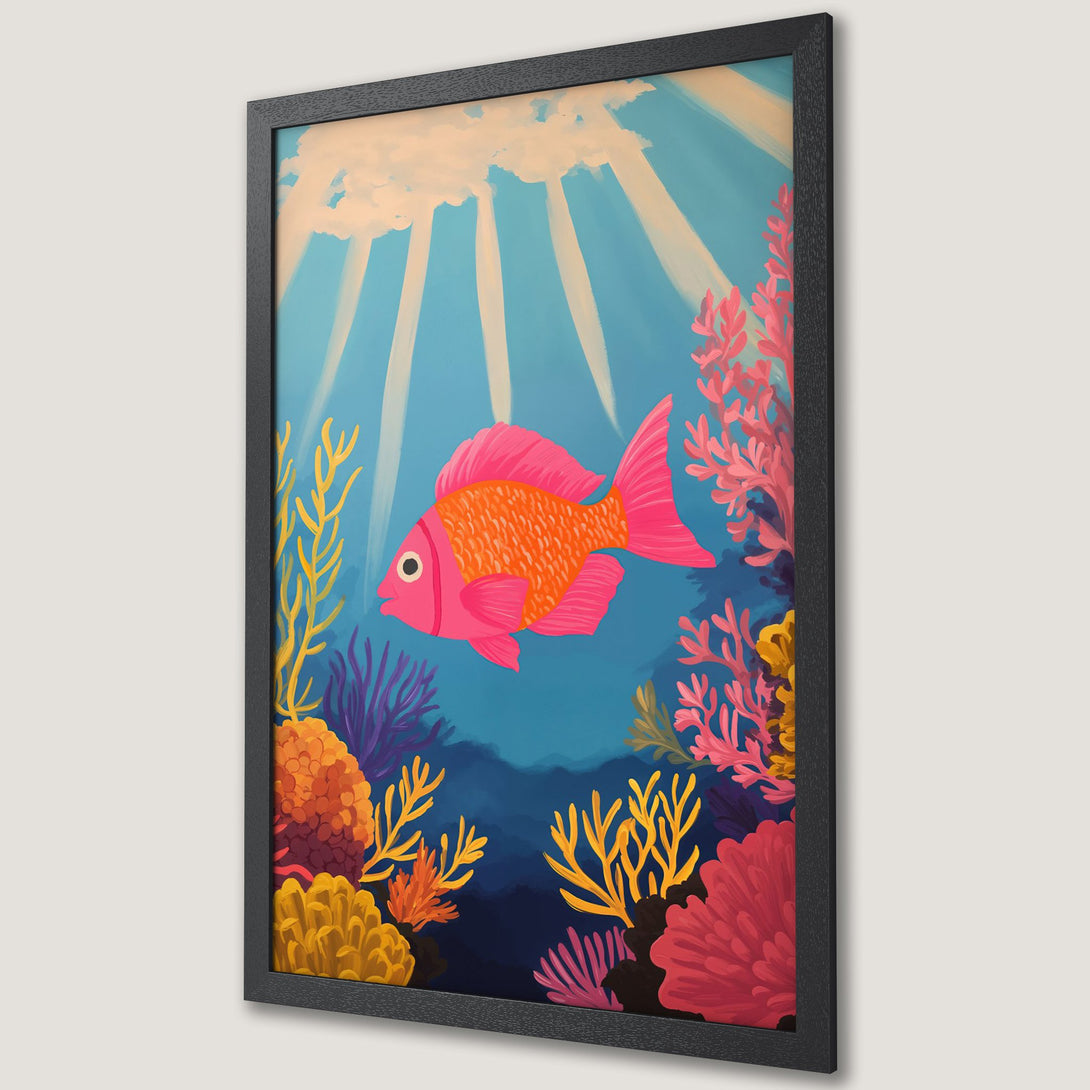 Framed Poster featuring a vibrant illustration of a pink fish in an underwater scene, with a colorful palette of blues, pinks, and yellows.