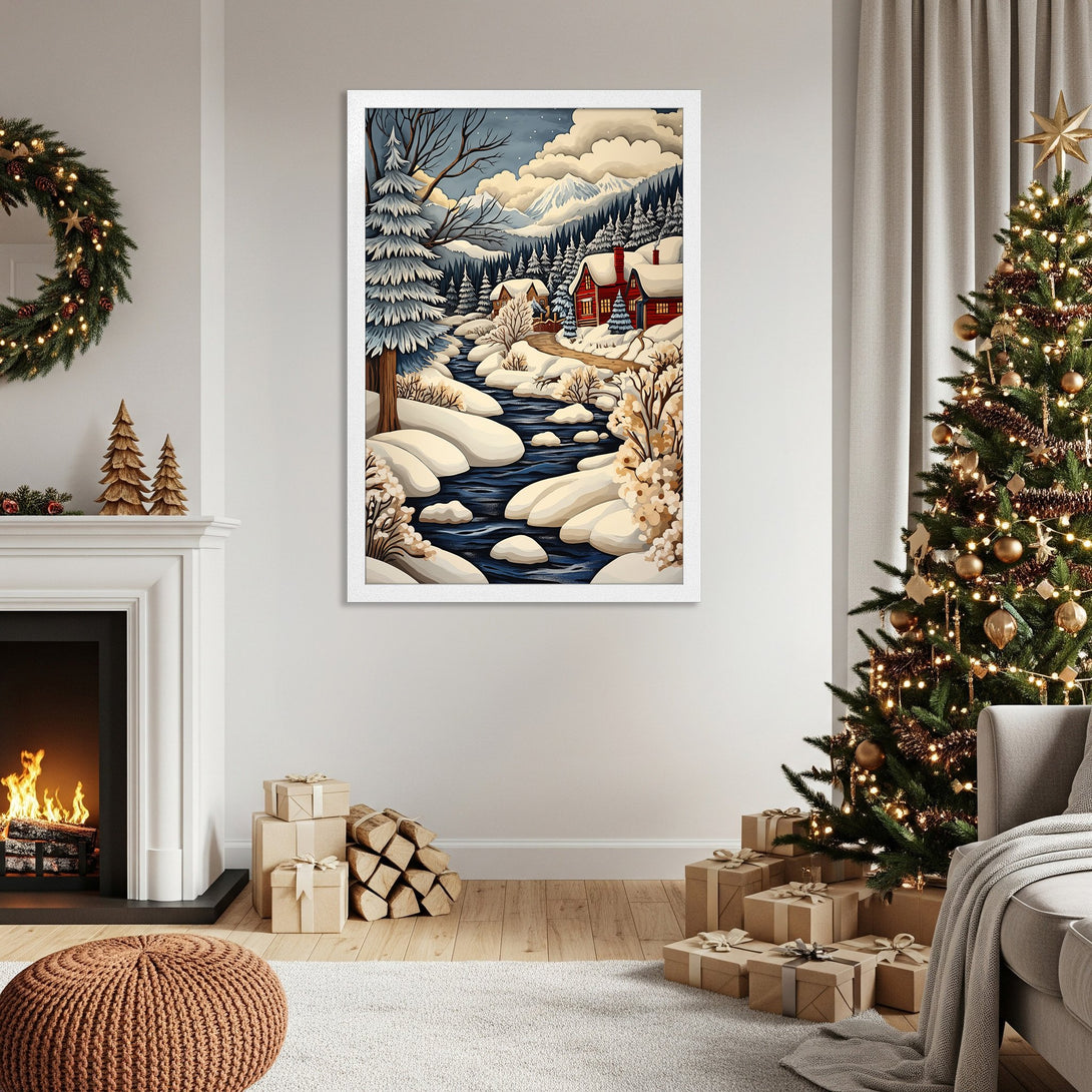 Framed Poster featuring a winter landscape, stylized art with blue, white, and red color palette, perfect for holiday decor.