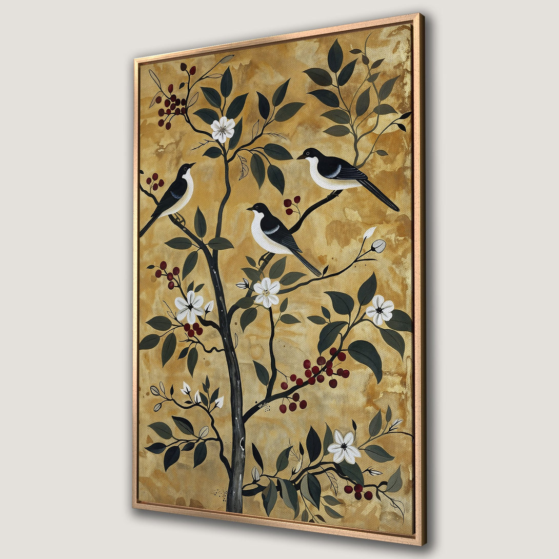 Framed Wall Art featuring birds on a tree with white flowers and red berries, painted in a vintage style with a warm gold and black color palette.