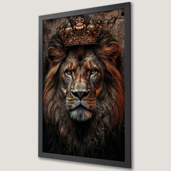 Framed Poster of a majestic lion wearing a crown. Detailed, artistic style with warm brown and gold tones. Perfect wall art.