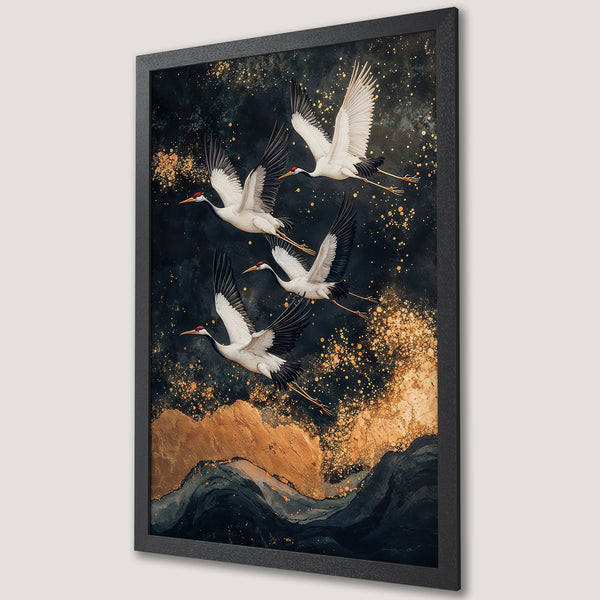 Framed Poster featuring elegant cranes in flight, a stunning artwork with a dark, gold, and white color palette. Perfect for adding a touch of sophistication.