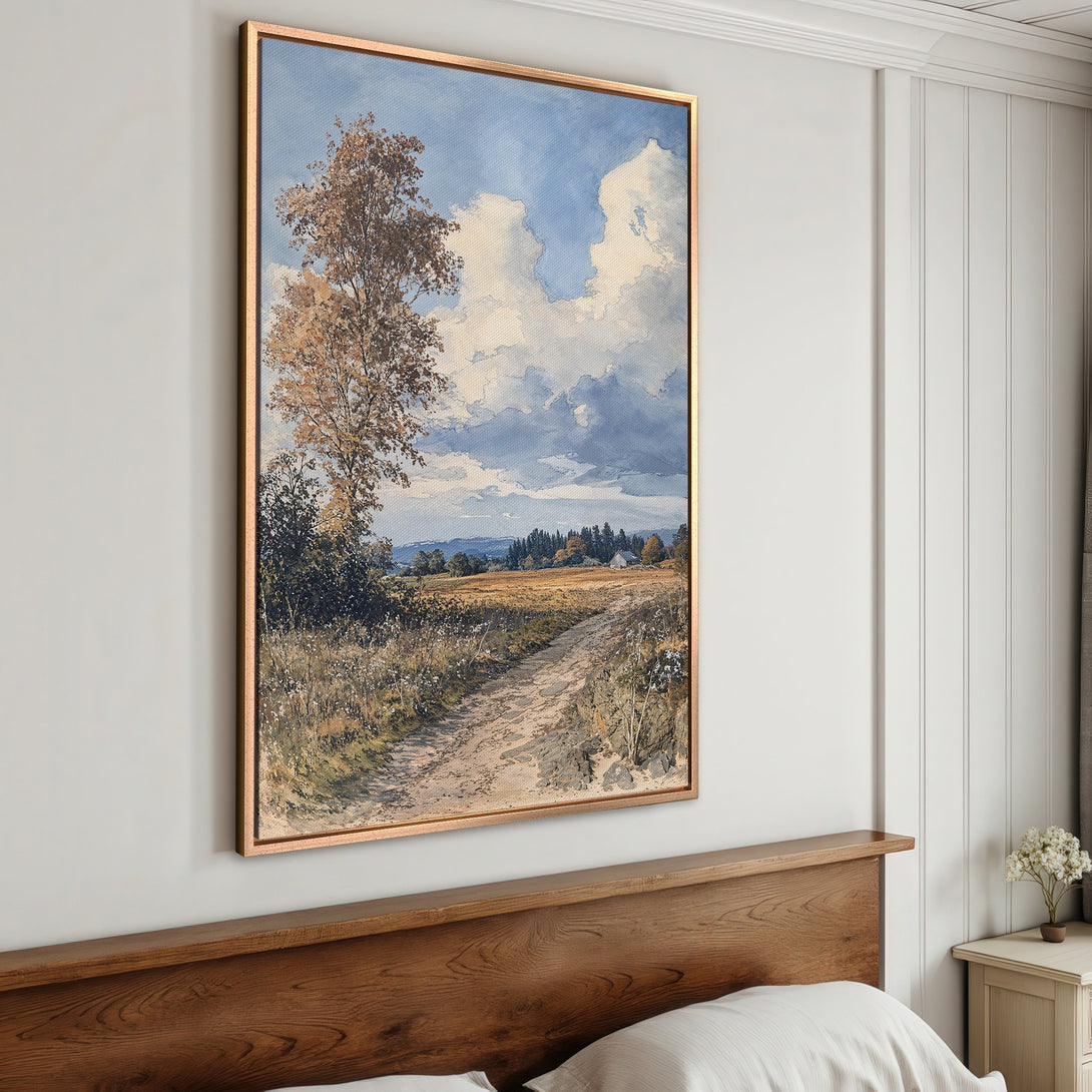 Framed Wall Art: Landscape Canvas Print with a serene countryside scene in muted blues, greens, and browns. Perfect for adding a touch of nature to your decor.