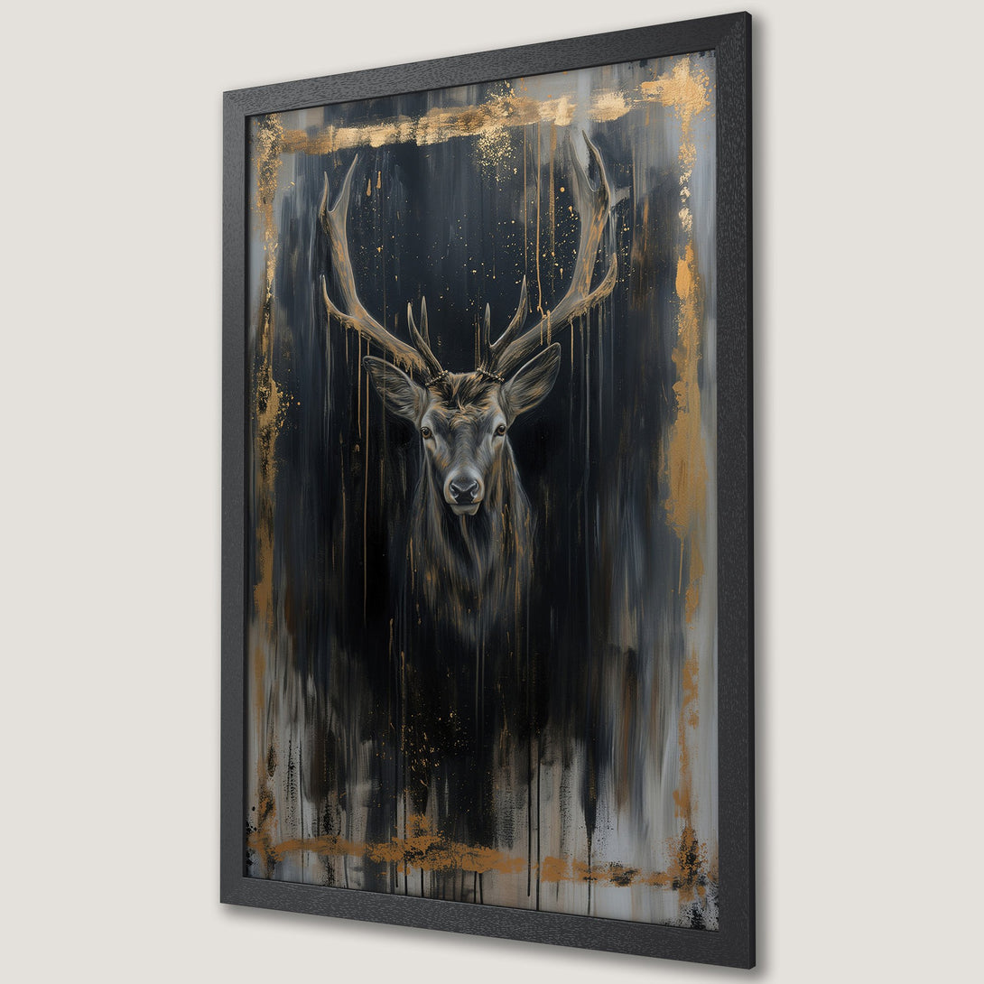Framed Poster featuring a majestic deer in a dark, abstract style with gold accents. Stunning art print with a black, gold, and gray color palette.