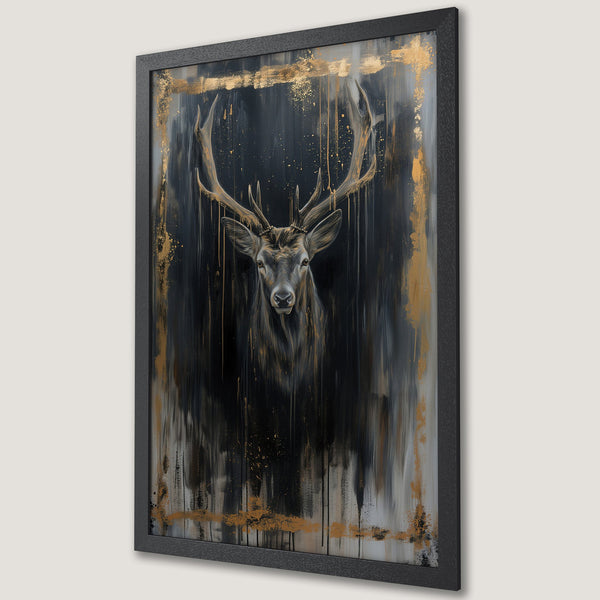 Framed Poster featuring a majestic deer in a dark, abstract style with gold accents. Stunning art print with a black, gold, and gray color palette.