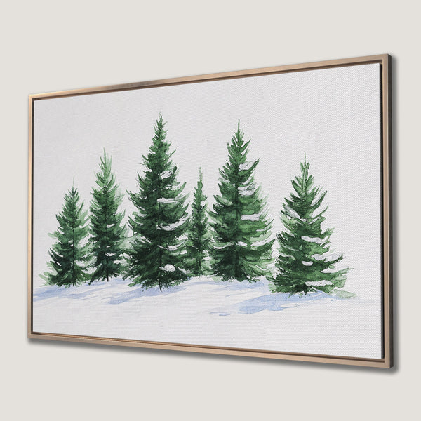 Framed Wall Art: Watercolor evergreen trees in a winter landscape. Green and white color palette, perfect for a cozy, nature-inspired home.