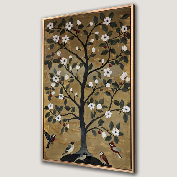 Framed Wall Art: Floral tree with birds in a vintage style. Gold, green, and white color palette. Perfect for adding a touch of nature to your decor.