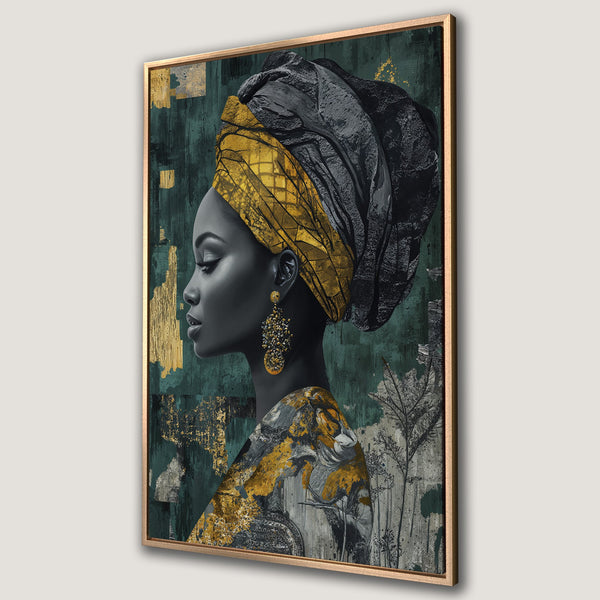 Framed Wall Art featuring a profile of a woman in a head wrap, abstract style, with a teal, gold, and black color palette.