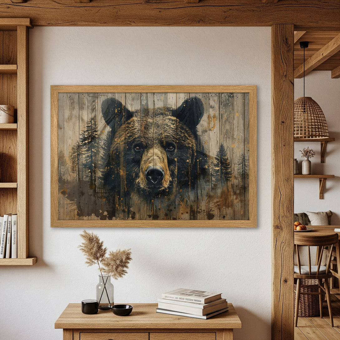 Framed Poster featuring a majestic bear in a rustic style, with a warm brown and gold color palette. Perfect for cabin decor.