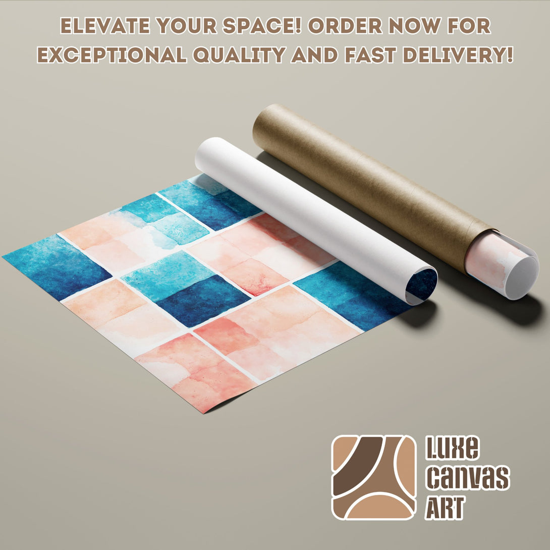 Abstract watercolor Poster Roll in blue and peach tones. Elevate your space with art! Order now for fast delivery.