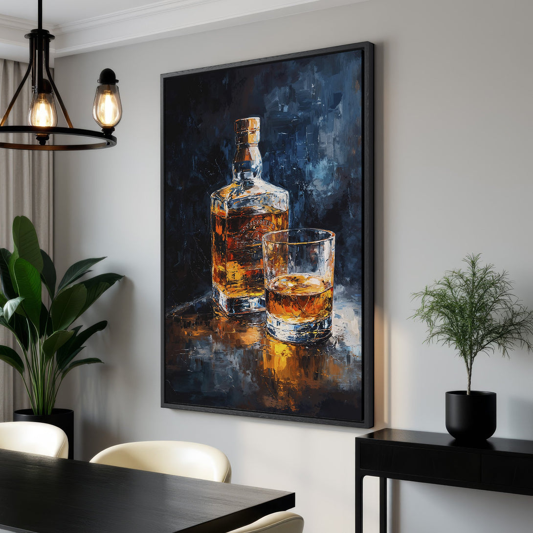 Framed Wall Art featuring a whiskey bottle and glass in an abstract style with a dark, moody blue and amber color palette, perfect for home decor.