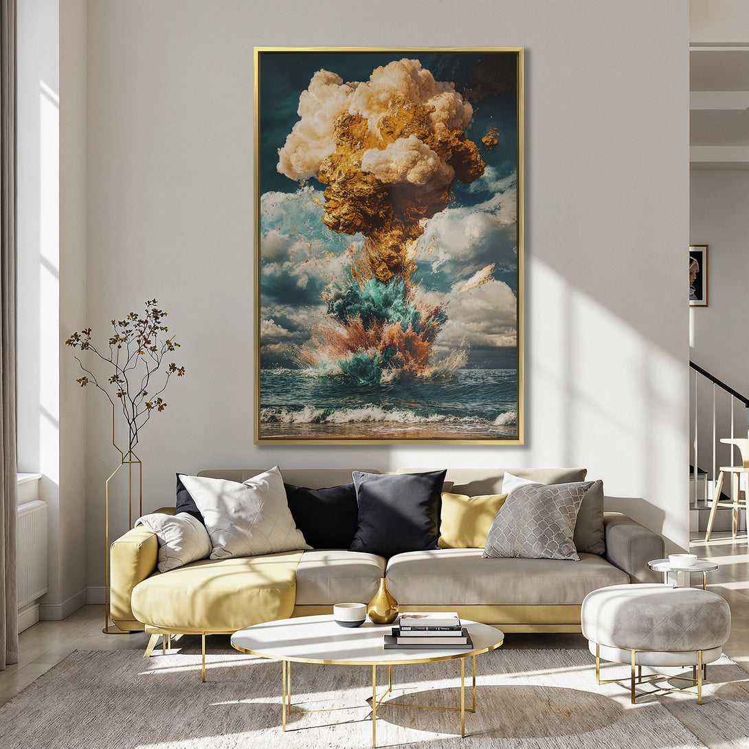 Canvas Print of an explosive ocean scene with teal, orange, and gold hues. Modern wall art for a dramatic statement.