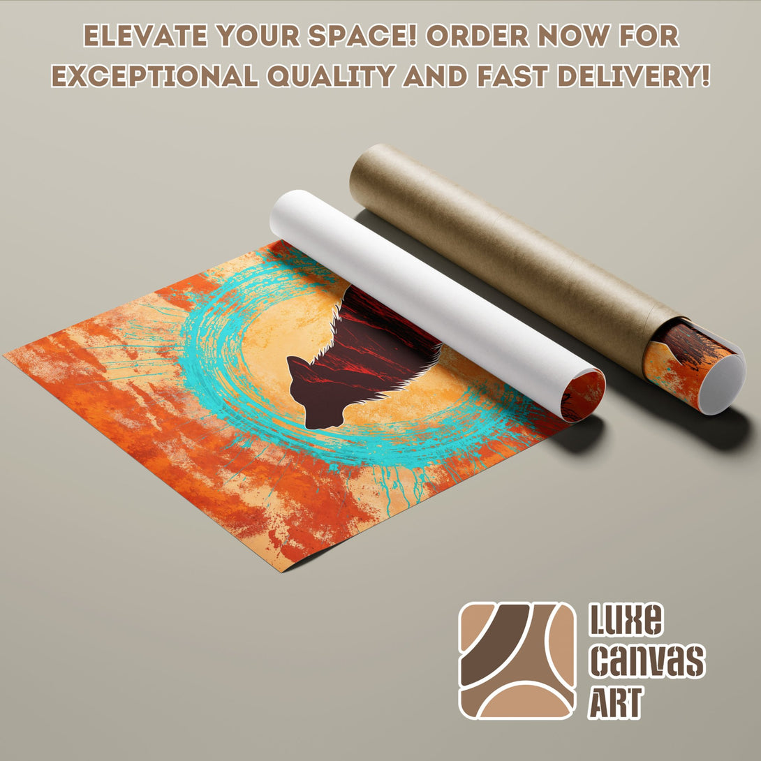 Abstract art Poster Roll in orange, teal, and brown tones. Elevate your space with Luxe Canvas Art!