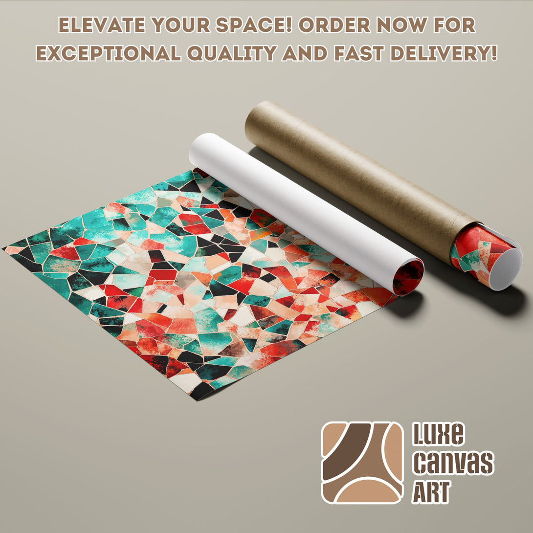 Abstract mosaic Poster Roll in teal, red, and neutral tones. Elevate your space today!