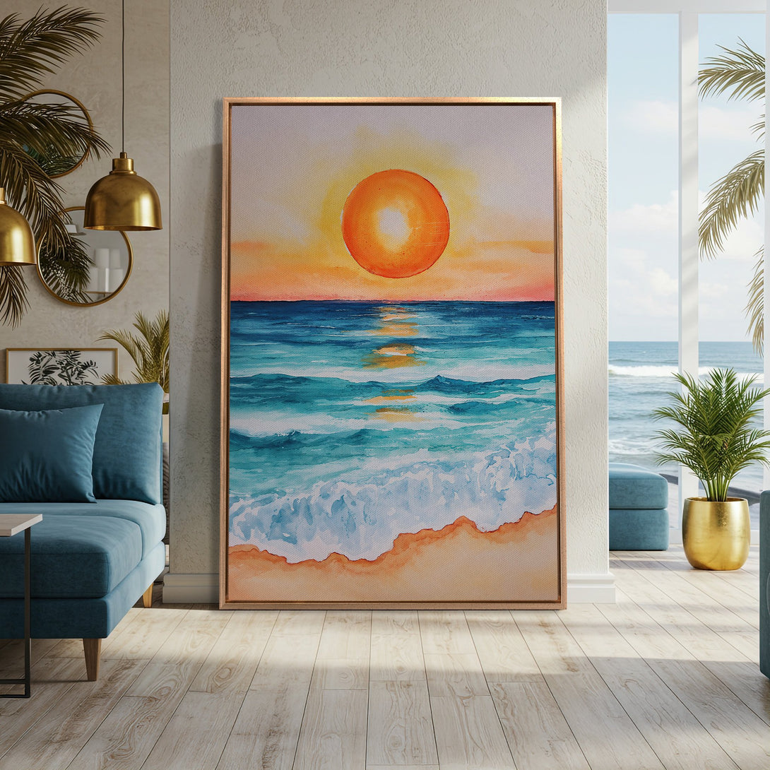 Framed Wall Art: Watercolor beach sunset in warm orange and blue tones. Perfect for coastal decor. Bring the beach vibes home with this stunning canvas print!