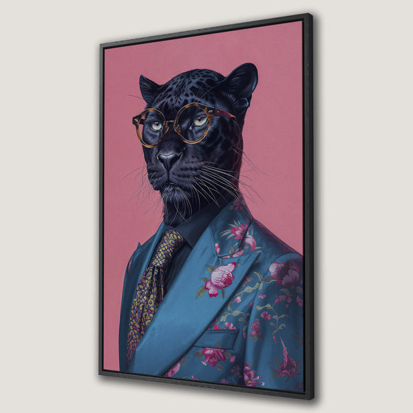 Framed Wall Art: Stylish panther portrait in a floral suit. Modern art with pink, blue, and black color palette. Perfect for adding personality to your space.