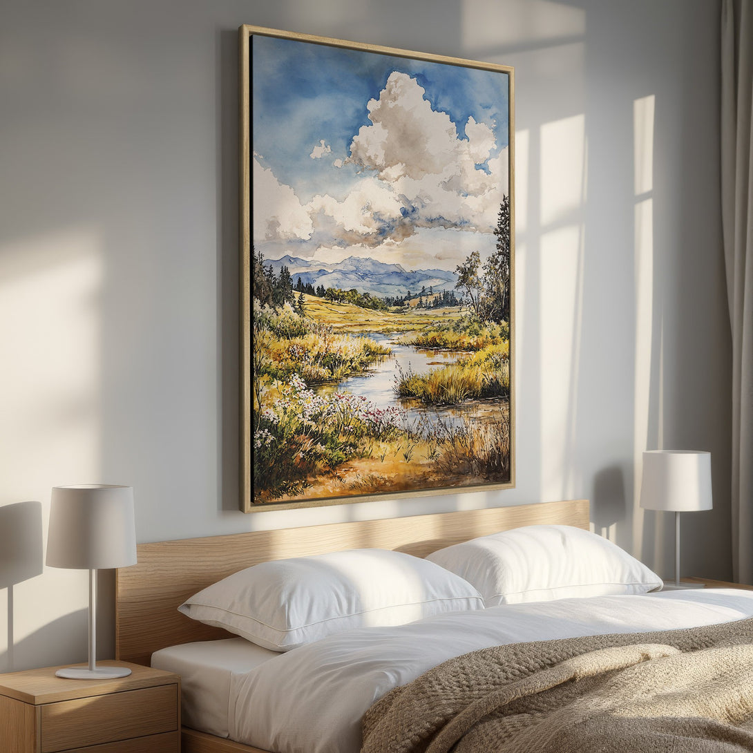 Framed Wall Art: Watercolor landscape Canvas Print with blue skies, neutral tones, and a serene river scene. Perfect bedroom decor.