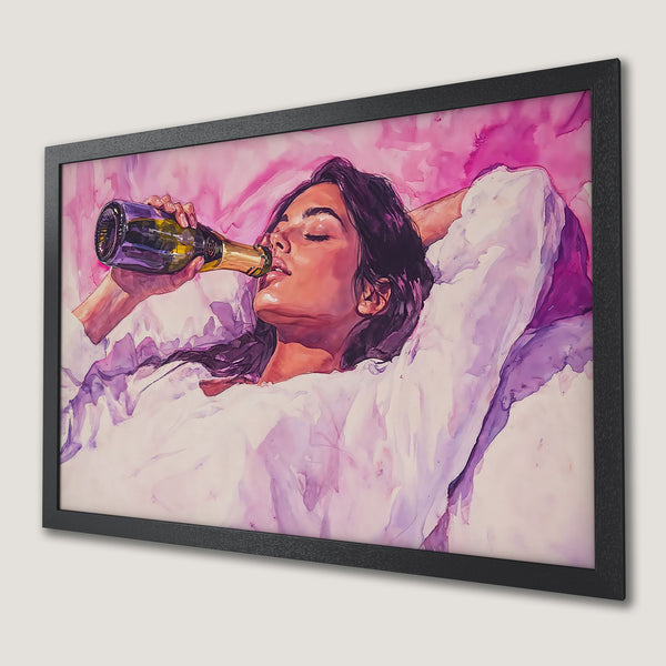 Framed Poster of woman drinking champagne, watercolor style, pink & purple palette. Add a touch of luxury to your space!