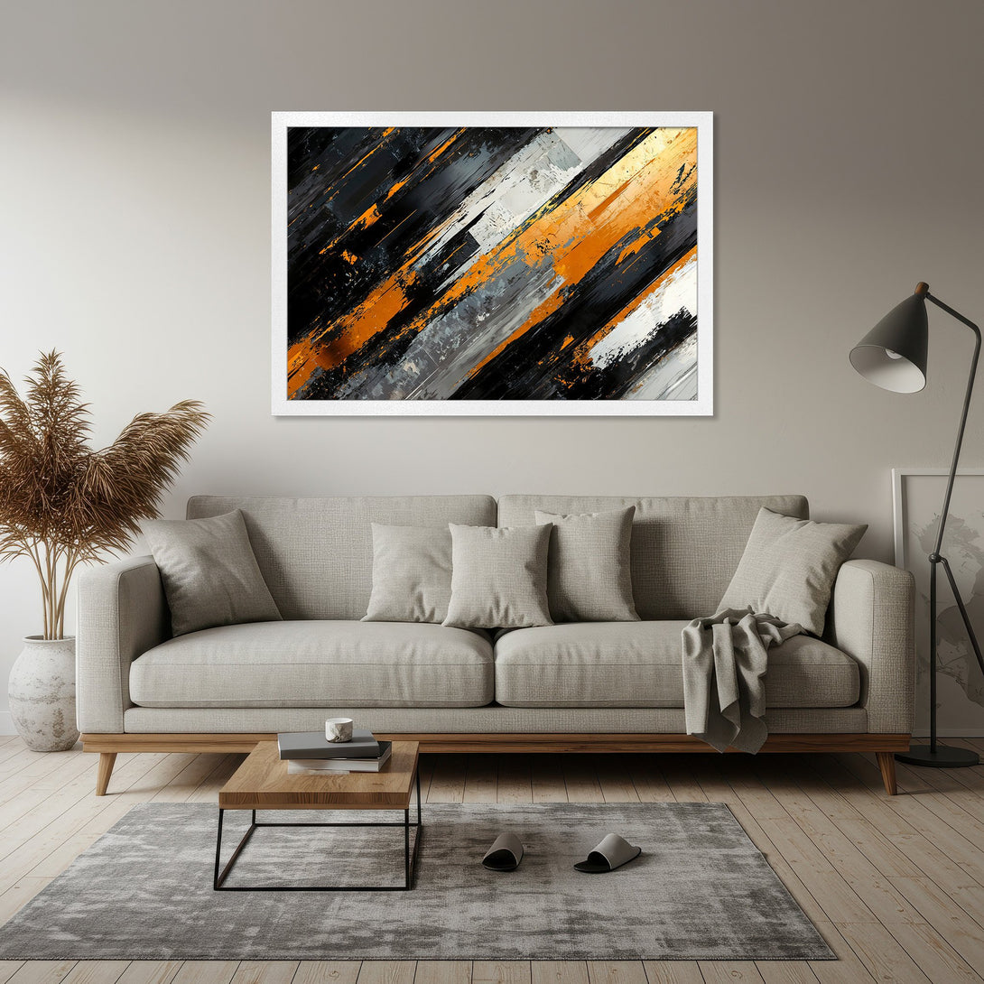Framed Poster featuring abstract art in black, orange, and gray. Modern style, perfect for home decor.
