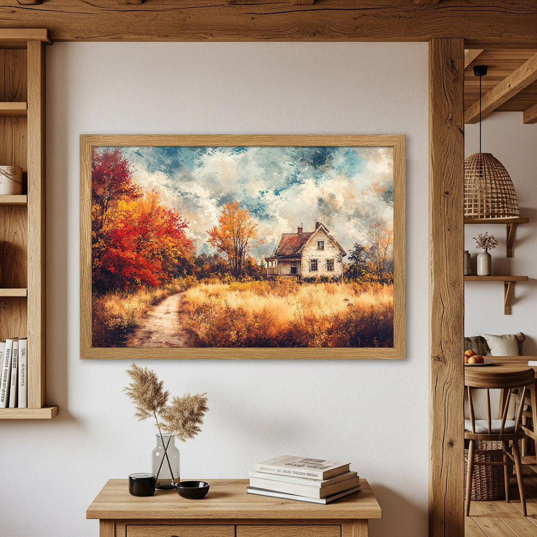 Framed Poster: Rustic landscape art print featuring a charming farmhouse in autumn colors. Warm, inviting palette perfect for home decor.