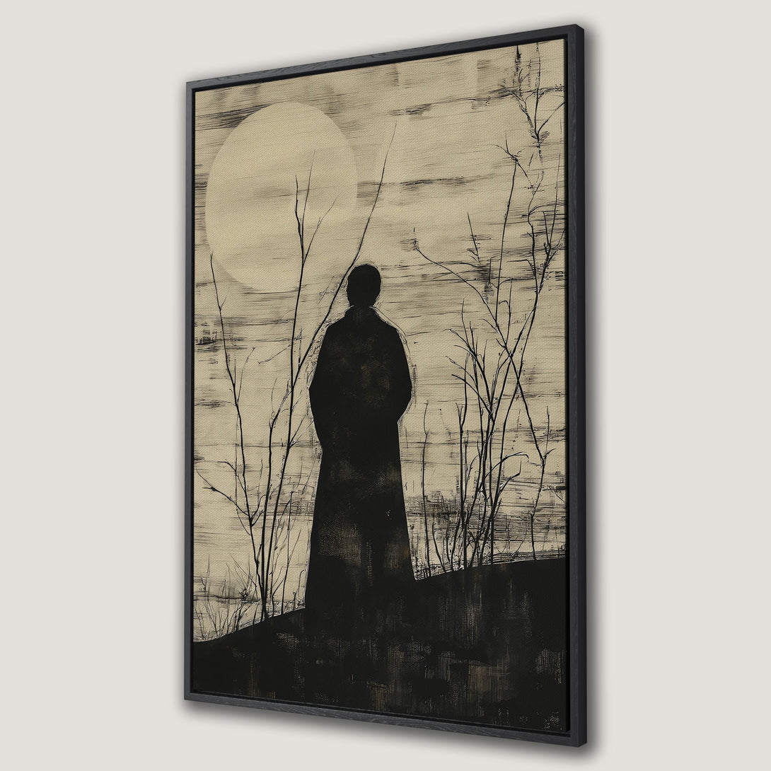Framed Wall Art: Silhouette of a person in a minimalist, black and beige landscape. Modern art canvas print for a stylish home.