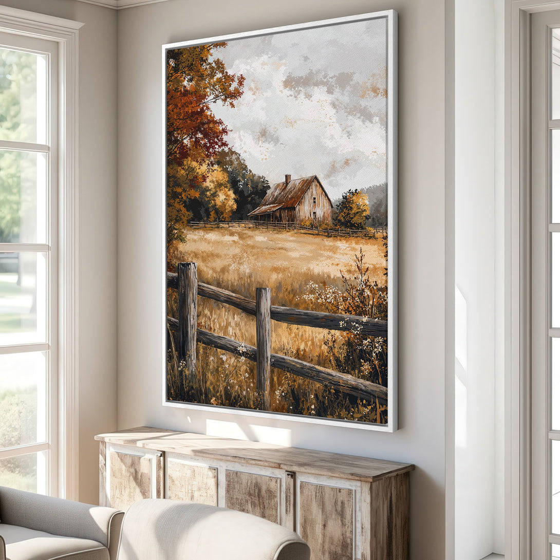 Framed Wall Art: Rustic barn landscape Canvas Print with warm autumn tones of brown, gold, and orange. Perfect for farmhouse decor.