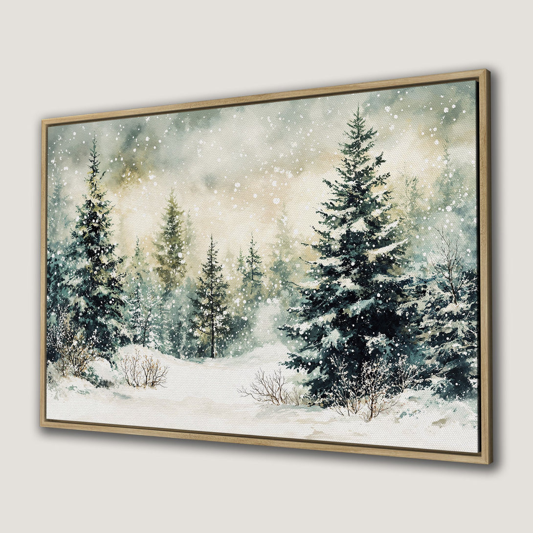 Framed Wall Art: Winter forest scene in watercolor style. Featuring snowy trees and a muted, cool color palette of blues, greens, and whites. Perfect for cozy decor.
