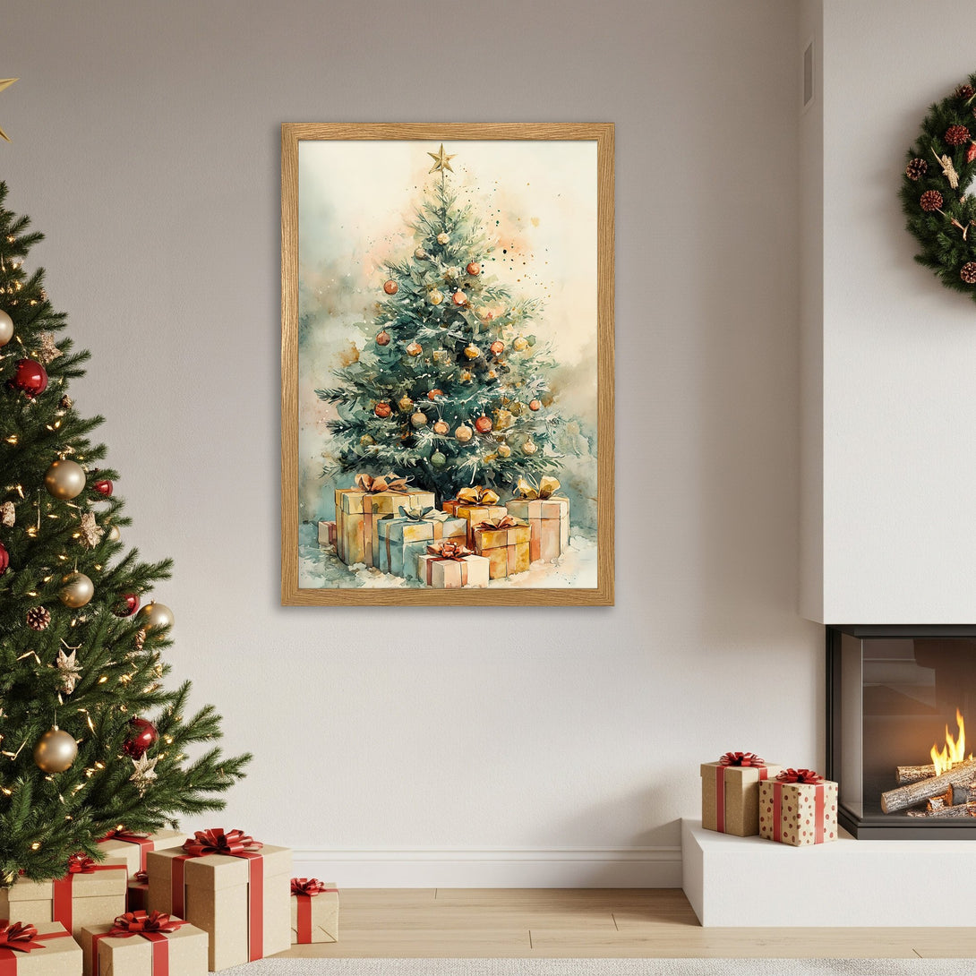 Framed Poster featuring a watercolor Christmas tree with warm, festive colors, perfect for holiday decor.
