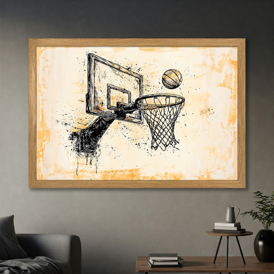 Framed Poster featuring a basketball hoop and ball in a watercolor-style, black and yellow color palette. Perfect wall art for sports fans!