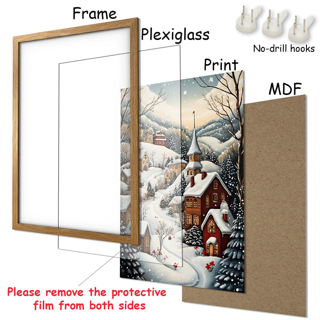 Framed Poster featuring a winter village scene in a whimsical style with a warm, inviting color palette. Perfect wall art!