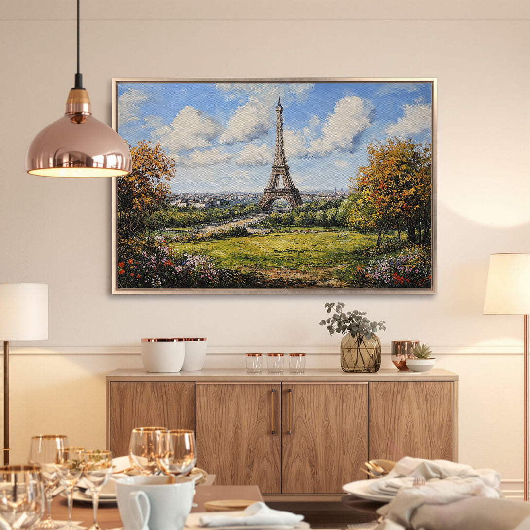 Framed Wall Art: Eiffel Tower painting in warm tones. Landscape art for home decor. Adds elegance and charm to any room. Shop now!