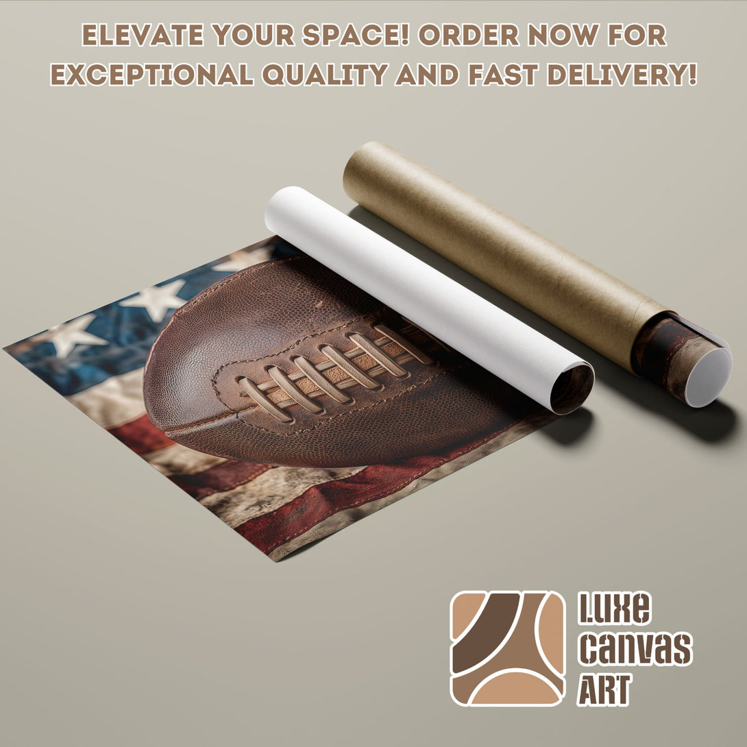 Poster Roll featuring a vintage football over American flag, warm tones. Perfect wall art!
