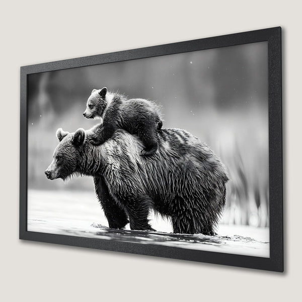 Framed Poster of a bear and cub in a black and white, artistic style. Perfect for wildlife lovers!