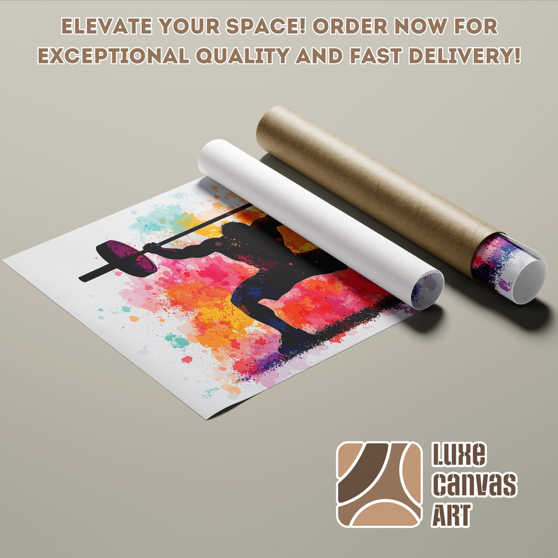 Abstract weightlifting Poster Roll, vibrant color splash art, ready to elevate your space! Order now.